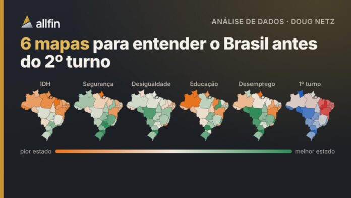 Cinco mapas do Brasil coloridos por estado com IDH, segurança, desigualdade, educação e desemprego