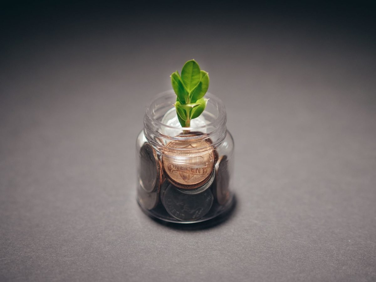 Pote de vidro com moedas e uma pequena planta brotando, simbolizando o crescimento do dinheiro na renda fixa