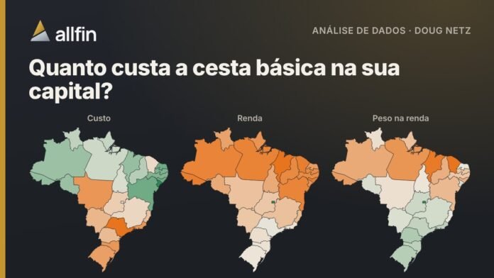 Mapas do Brasil com o custo da cesta básica nas capitais, a renda por pessoa e o peso da cesta na renda de cada estado