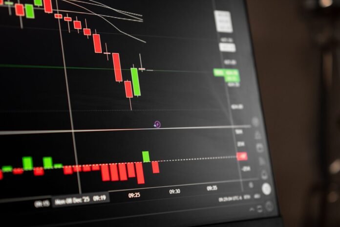 Tela de monitor exibindo gráfico de candlestick de ações em alta volatilidade no mercado financeiro